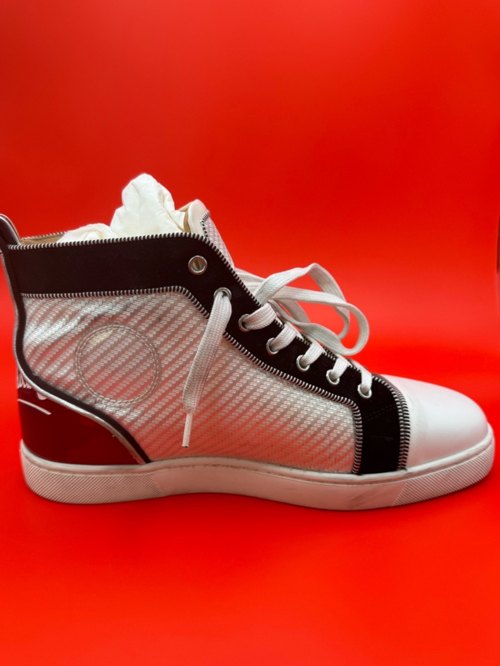 Christian Louboutin Fun Louis Flat High Top Sneaker White Woven Jacquard W Box - Picture 5 of 10